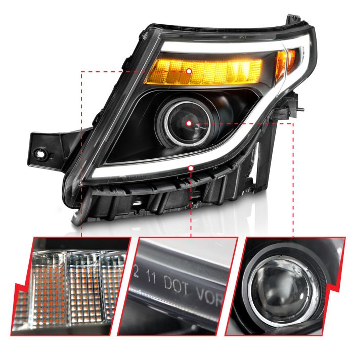 Anzo - Projector Headlights w/Light Bar Black Housing - 2011-2015 Explorer (w/Factory Halogen HL Only)