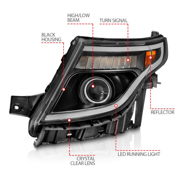 Anzo - Projector Headlights w/Light Bar Black Housing - 2011-2015 Explorer (w/Factory Halogen HL Only)