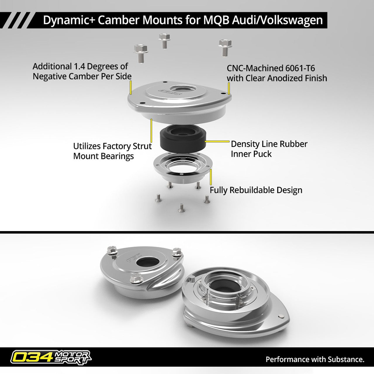 034Motorsport - Dynamic+ Camber Mount Pair, MkVII Volkswagen Golf/GTI/R & 8V/8S Audi A3/S3/RS3, TT/TTS/TTRS (MQB)